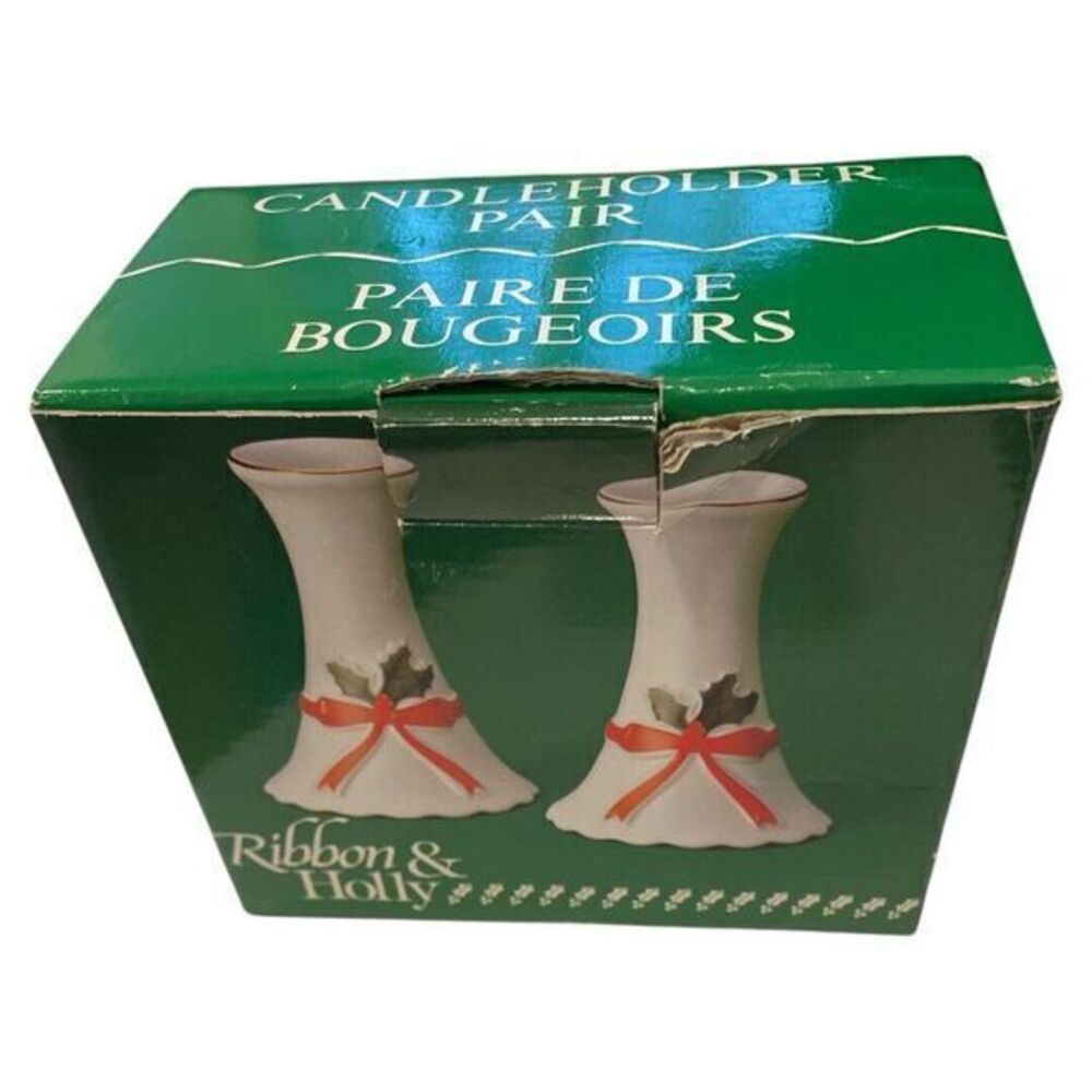 Mount Clemens Vtg Porcelain Christmas Candle Holders Pair Ribbon Holly Japan